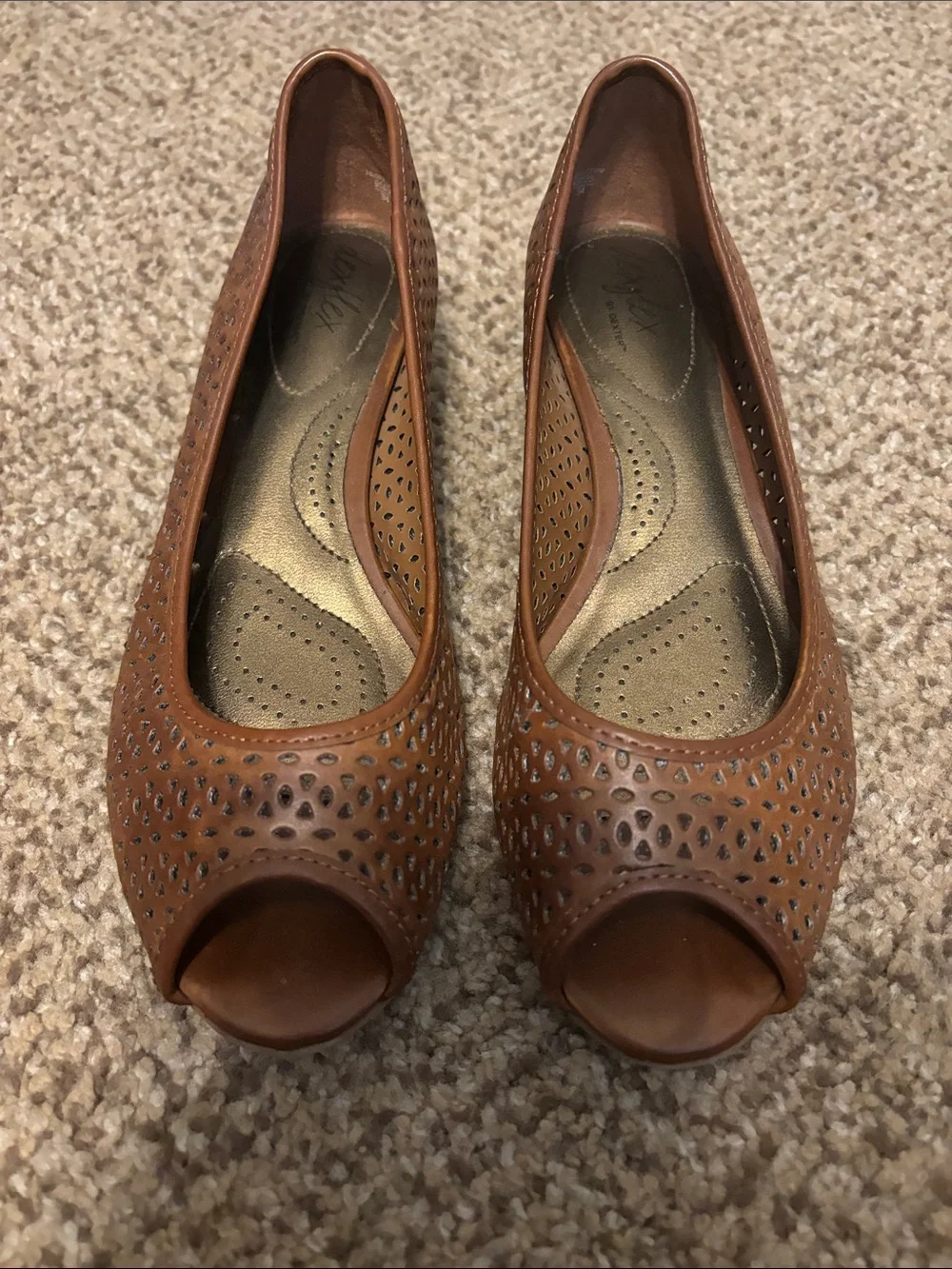 dexflex comfort Brown Peep-Toe Laser-Cut Wedges